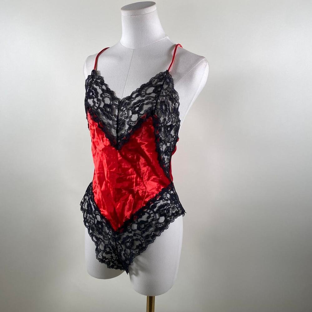 vintage Red lace satin bodysuit